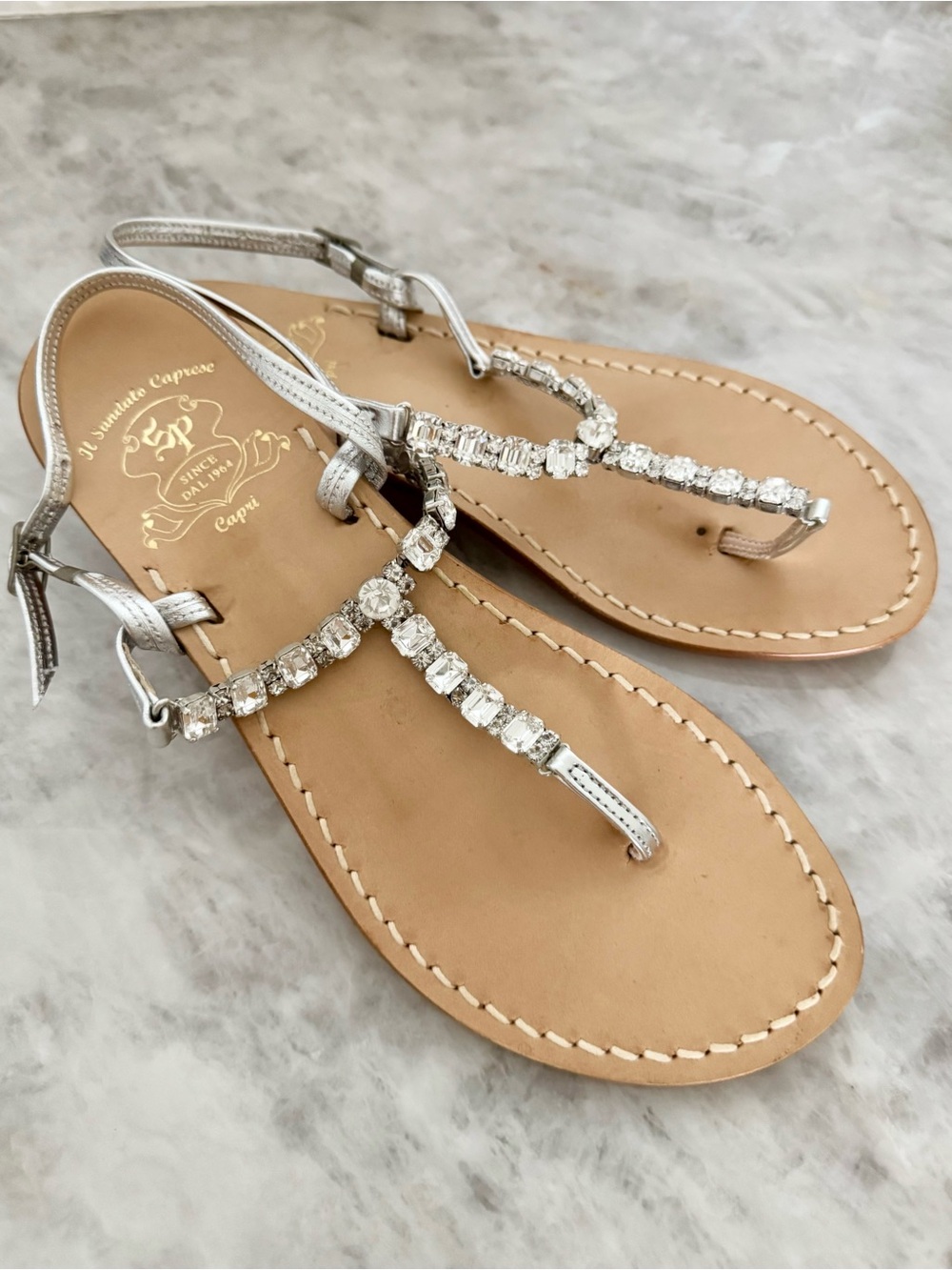 Il Sandalo Caprese Swarovski Crystals and Silver T-Strap Sandals from Capri